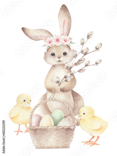 Watercolor easter bunny and eggs isolated. Easter composition for decorate.