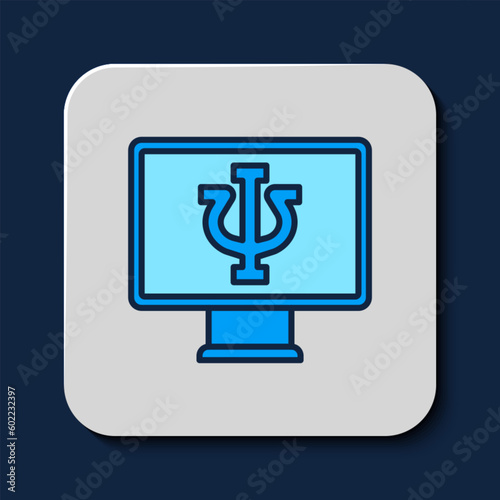 Filled outline Online psychological counseling distance icon isolated on blue background. Psychotherapy, psychological help, psychiatrist online consulting. Vector