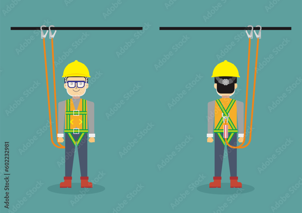 Isolated construction worker wearing safety harness. Using personal