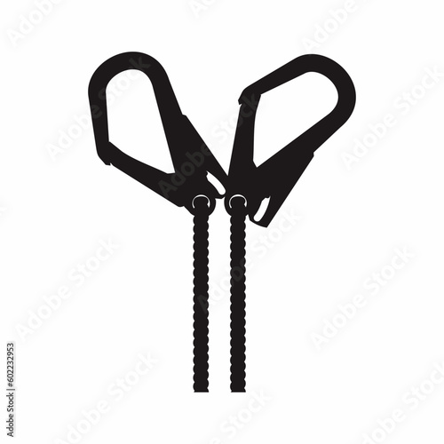 Black isolated of safety harness hook for working at height protective equipment. Vector illustration.