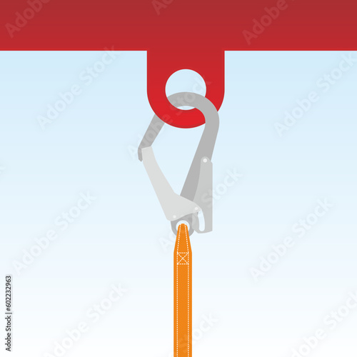 Isolated vector illustration of safety harness hooked on the anchorage. Working at height protective equipment