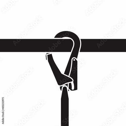Black isolated vector illustration of safety harness hooked on the pipe or anchorage. Working at height protective equipment.