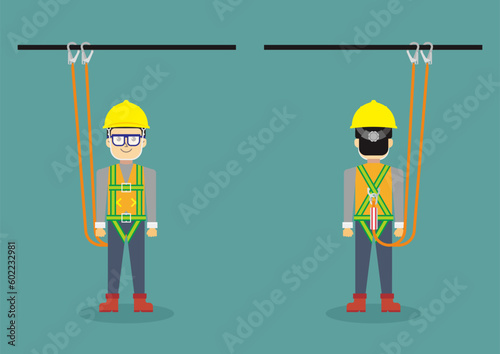 Isolated construction worker wearing safety harness. Using personal protective equipment to protect against a fall. Flat vector illustration of fall prevention measure.