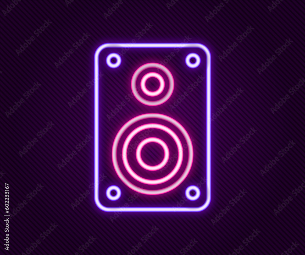 Glowing neon line Stereo speaker icon isolated on black background. Sound system speakers. Music icon. Musical column speaker bass equipment. Colorful outline concept. Vector