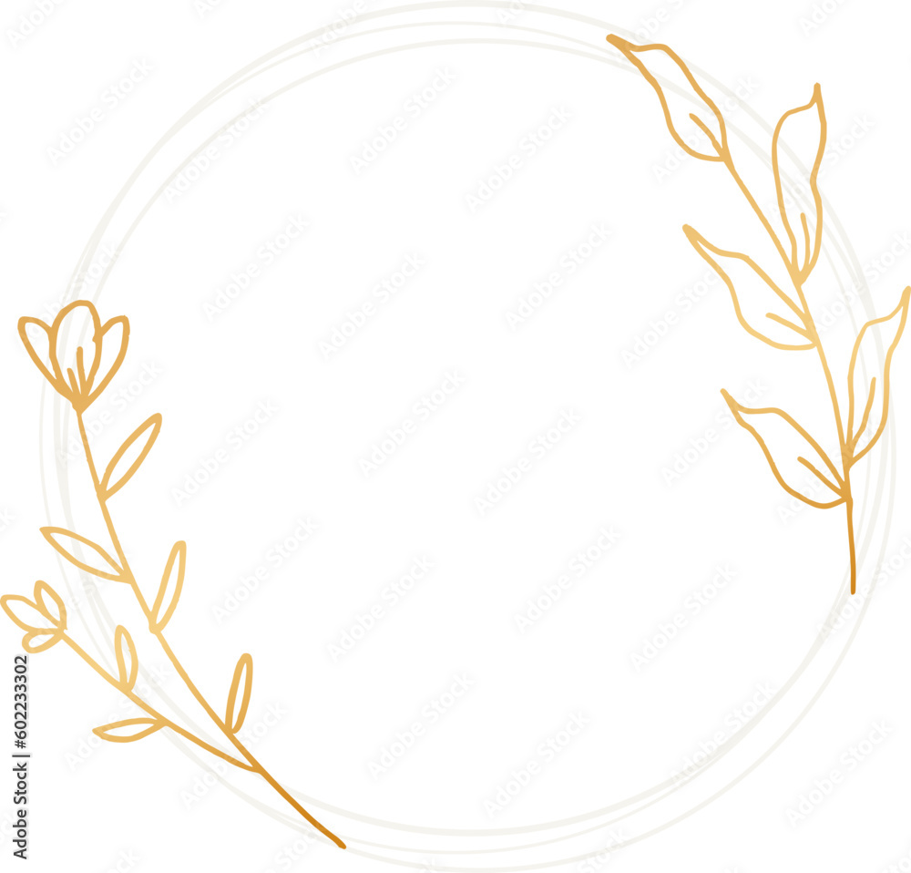 A simple frame with gold leaves and flowers in a white shape for wedding invitation, engagement, or greeting cards A simple frame with gold leaves and flowers in a white shape for wedding invitation, engagement, or greeting cards