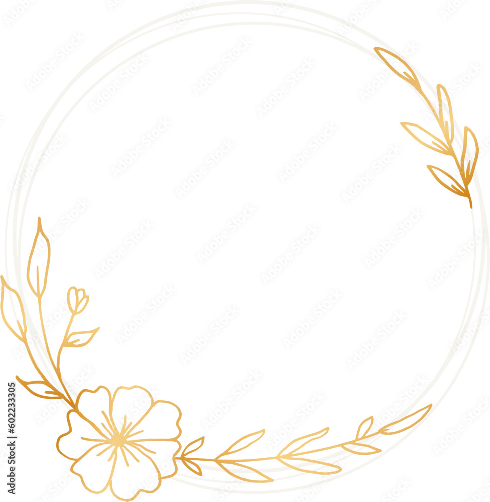 A simple frame with gold leaves and flowers in a white shape for wedding invitation, engagement, or greeting cards A simple frame with gold leaves and flowers in a white shape for wedding invitation, engagement, or greeting cards