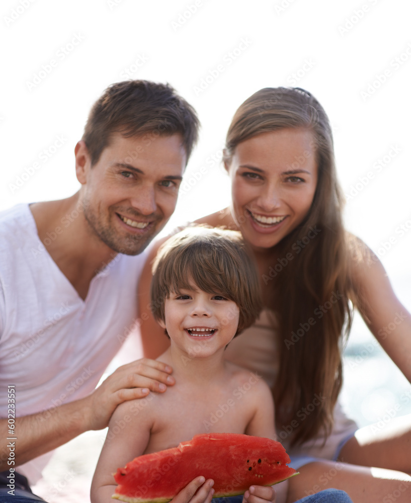 Family, watermelon and summer portrait at beach on travel holiday with a smile and fun. Man, woman and kid eating fruit and together on vacation at sea with love, care and happiness outdoor in nature Family, watermelon and summer portrait at beach on travel holiday with a smile and fun. Man, woman and kid eating fruit and together on vacation at sea with love, care and happiness outdoor in nature