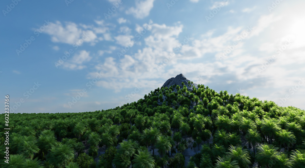 The sharp-shaped mountain is surrounded by a dense forest of lush trees with a backdrop of the sky and clouds. 3d rendering.