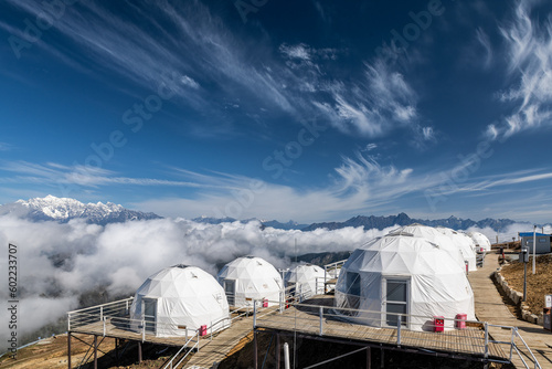 Niubei Mountain tents and sea of clouds in Western Sichuan plateau, Sichuan province, China. photo