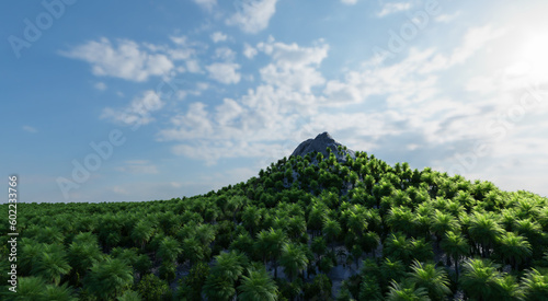 The sharp-shaped mountain is surrounded by a dense forest of lush trees with a backdrop of the sky and clouds. 3d rendering.