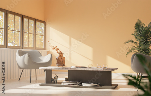 The light from the outside hit the wall of the room and the chairs and coffee table located inside. give a warm atmosphere.3d rendering. photo