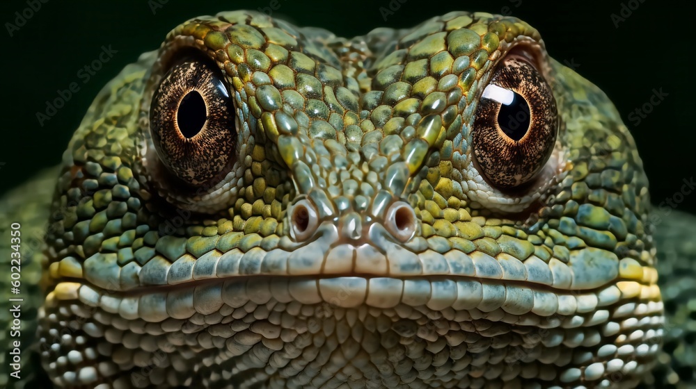 Macro portrait of green lizard, regenerative AI Macro portrait of green lizard, regenerative AI