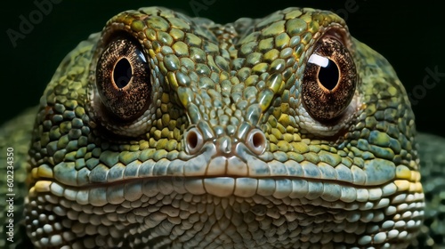 Macro portrait of green lizard  regenerative AI 