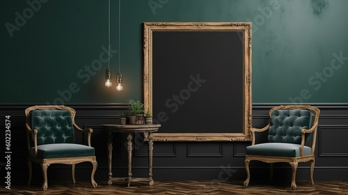 Frame mockup in dark vintage interior with wooden furniture. Generative Ai