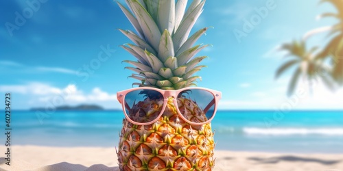 Pineapple with sunglasses on tropical beach blue sky background. Generative AI