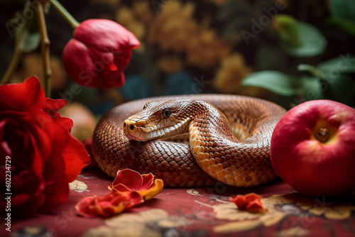Snake with apple and flowers. Generative AI illustration Fototapet