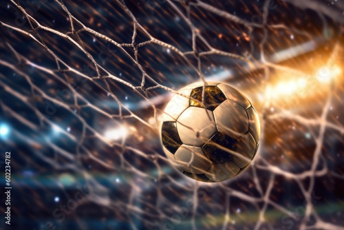 Soccer ball flew into the goal. Soccer ball bends the net, against the background, Generative AI