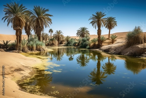 Vibrant Oasis with Palm Trees and Clear Blue Pond in the Middle of Vast Sahara Desert generative AI © Arthur