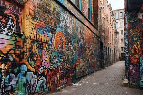 Vibrant Graffiti Wall in Urban Setting, Symbolizing Rebellious Self-Expression generative AI © Arthur