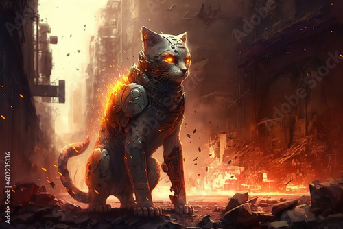 cyborg robot cat on street of destroyed city in a post-apocalyptic war of future. Generative AI illustration