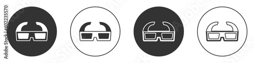 Black 3D cinema glasses icon isolated on white background. Circle button. Vector