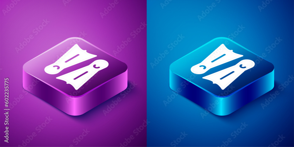 Isometric Rubber flippers for swimming icon isolated on blue and purple background. Diving equipment. Extreme sport. Diving underwater equipment. Square button. Vector Isometric Rubber flippers for swimming icon isolated on blue and purple background. Diving equipment. Extreme sport. Diving underwater equipment. Square button. Vector