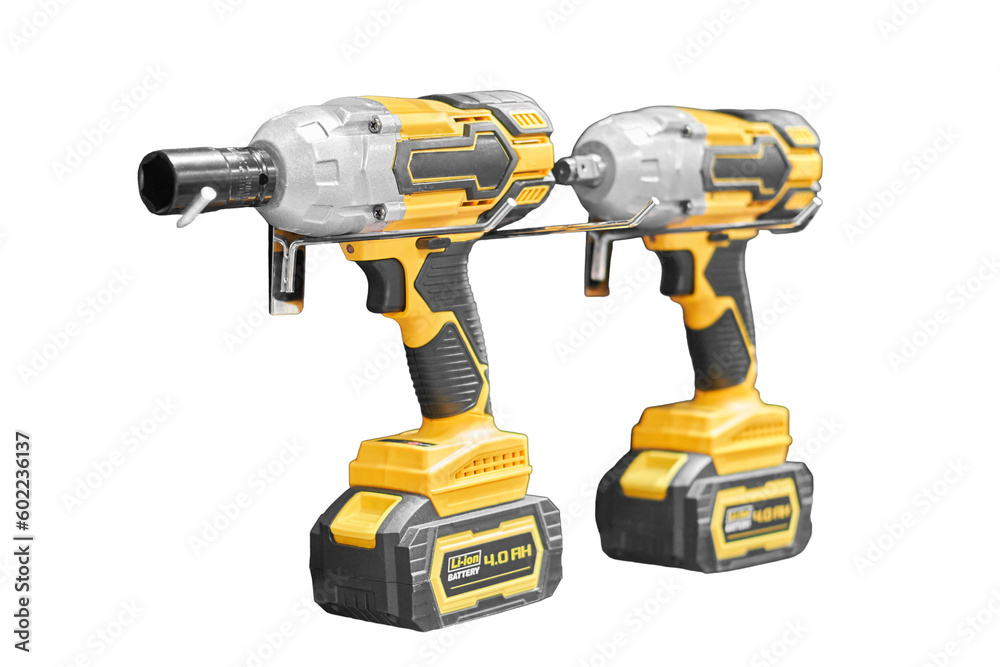A professional tool for work, repair and construction in the store, isolated on white background. Sale of wired power tools and battery powered equipment in the shop