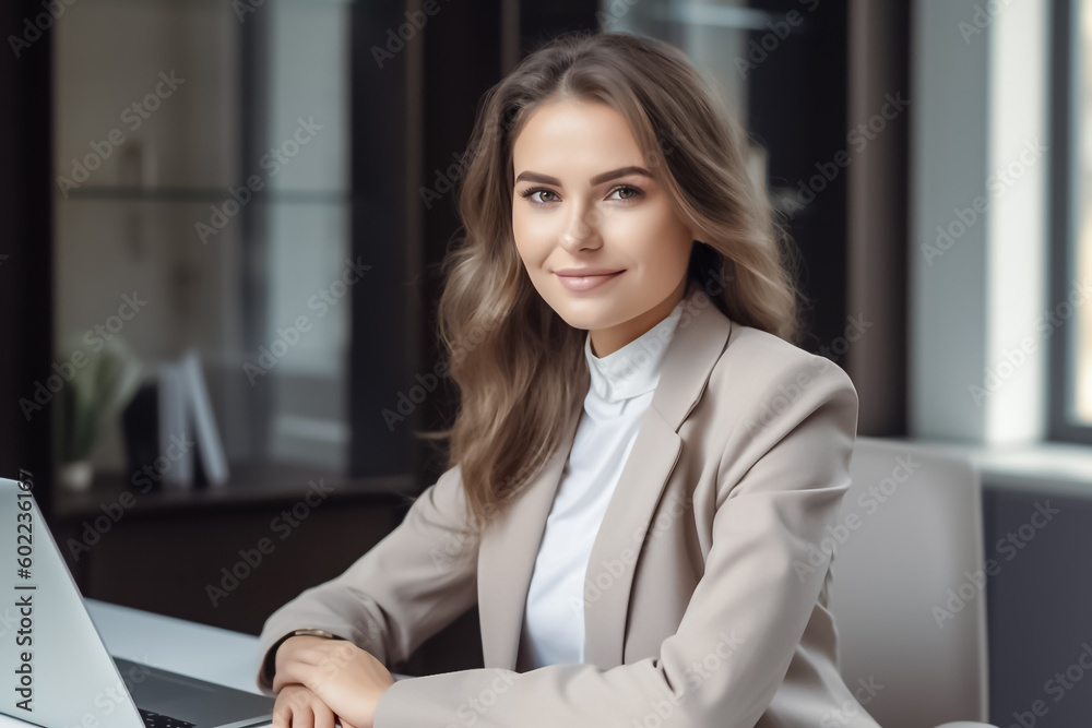 With her distinct style and multiracial background, this young woman with brown-red hair is a model of productivity as she works intently on her laptop in a sleek and modern office generative AI. With her distinct style and multiracial background, this young woman with brown-red hair is a model of productivity as she works intently on her laptop in a sleek and modern office generative AI.