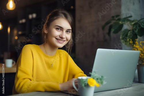 With her distinct style and multiracial background, this young woman with brown-red hair is a model of productivity as she works intently on her laptop in a sleek and modern office generative AI.