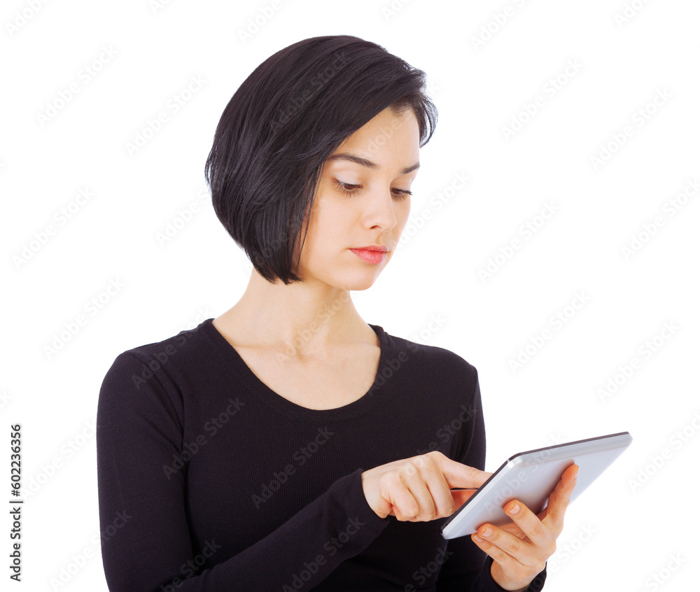 Serious, tablet and woman focus on social media using internet or online isolated in a studio white background. App, connection and female person typing email or search a website or web Serious, tablet and woman focus on social media using internet or online isolated in a studio white background. App, connection and female person typing email or search a website or web