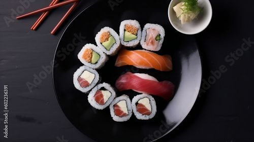 Set of sushi and maki roll on stone table. Top view banner. generative ai
