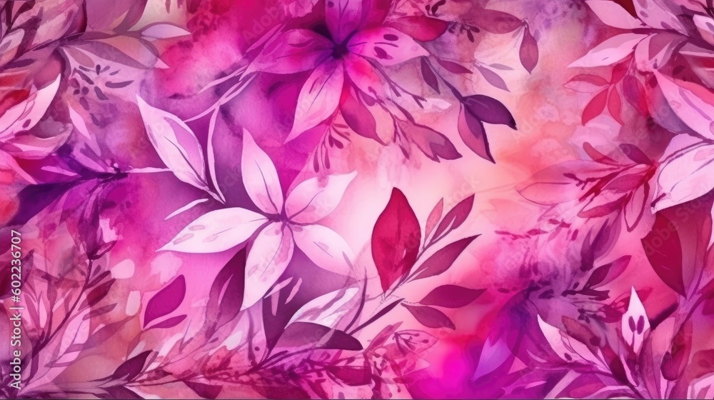 Fototapeta The background features an abstract watercolor floral pattern in pink and purple colors, with magenta shades. (Generative AI)