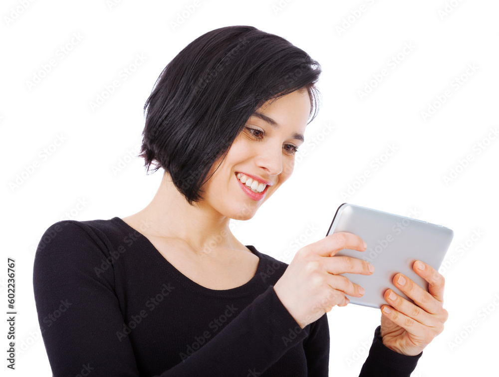 Smile, tablet and woman reading online content on the internet or social media isolated in a studio white background. Excited, connection and female person typing email or search a website or web Smile, tablet and woman reading online content on the internet or social media isolated in a studio white background. Excited, connection and female person typing email or search a website or web