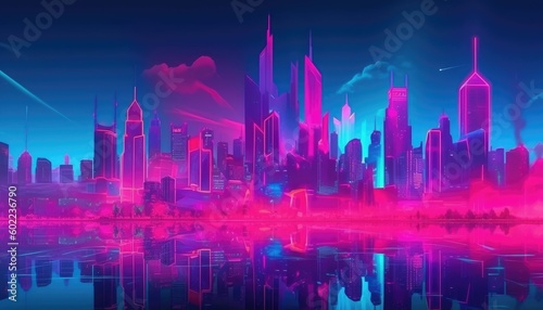 The cyberpunk city has pink and blue gradient neon lights and skyscrapers. (Generative AI)