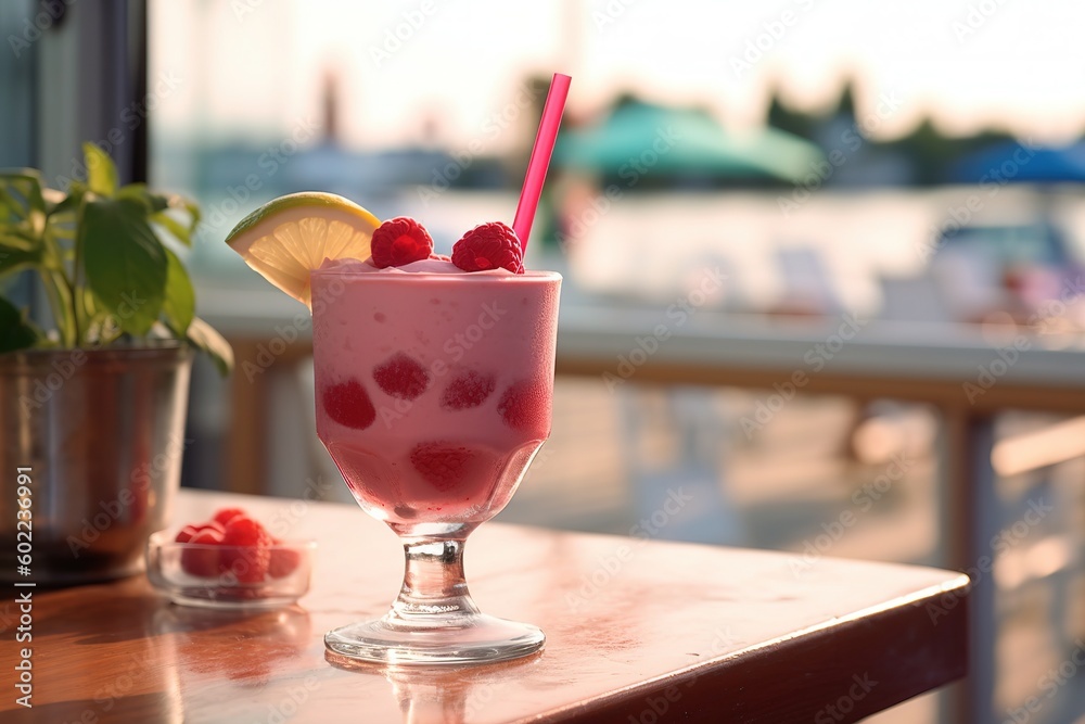 Refreshing red cocktail by the sea. Raspberries. Summer, beach and recreation. Refreshing red cocktail by the sea. Raspberries. Summer, beach and recreation.