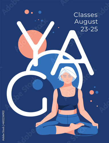 Abstract yoga asanas poster with elderly woman with gray hair. Round sphere background. Advertising of the gym and health center. Flyer, card. Vector flat illustration