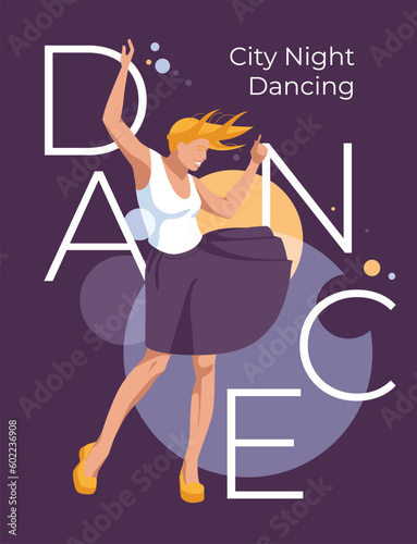 Dance party poster design with attractive young woman. Abstract round sphere background. Advertising flyer, postcard. Vector flat illustration