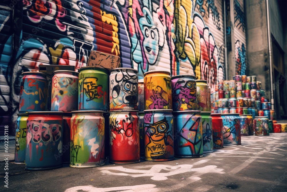 Fototapeta premium cans doodle paint with graffiti wall