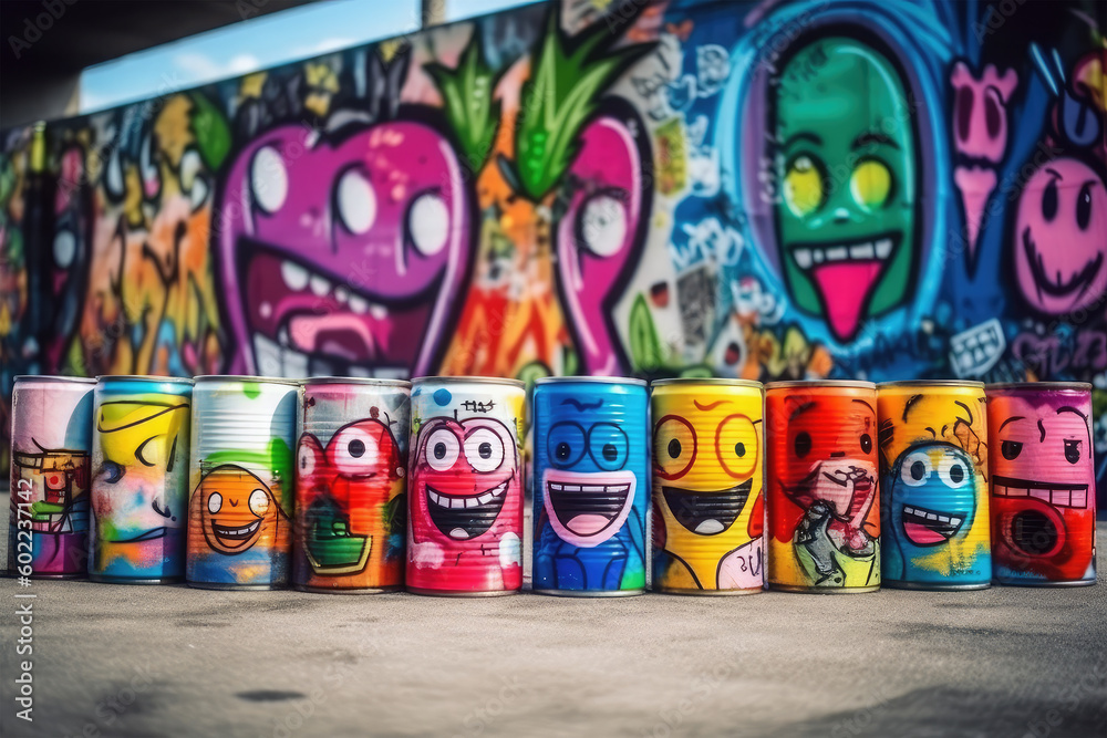 cans doodle paint with graffiti wall