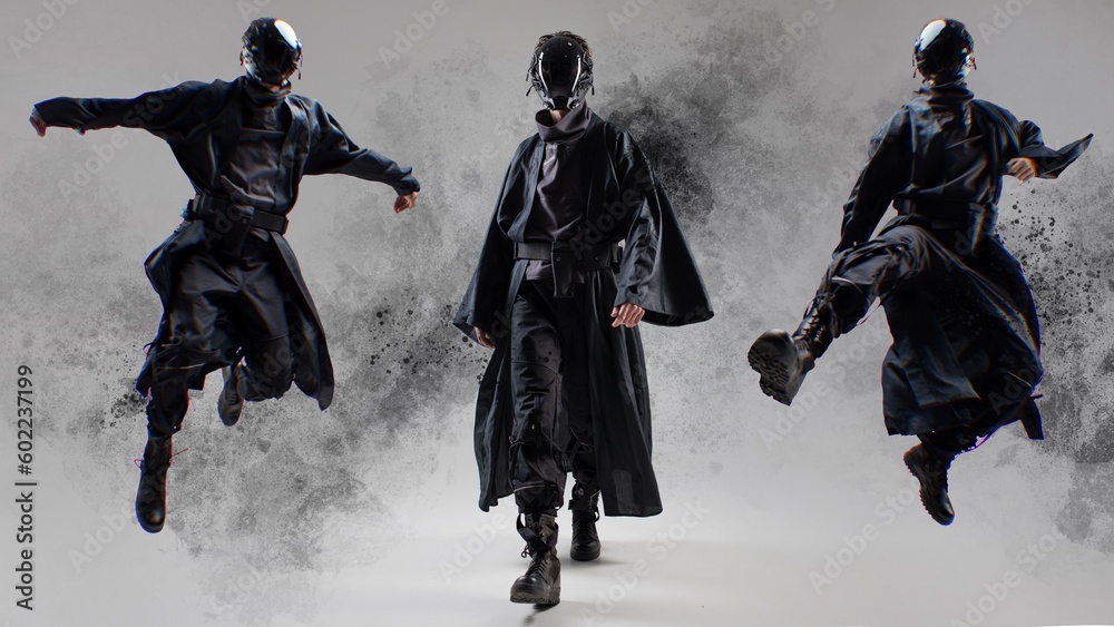 Fototapeta premium Urbantech outfit cyber style, a young man in black stylish clothes, futuristic style. Studio photo on a light background. collage