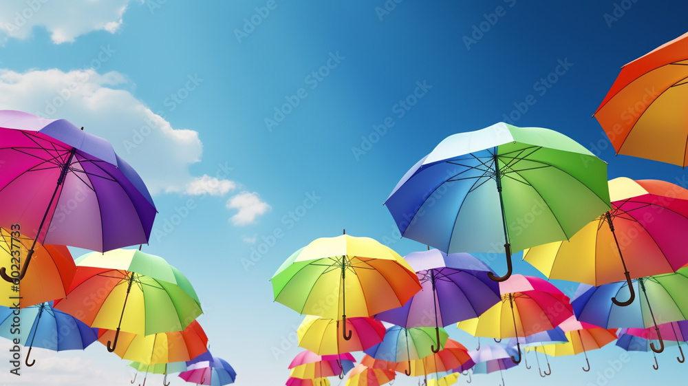 Colored umbrellas sky. Created with generative Ai technology.