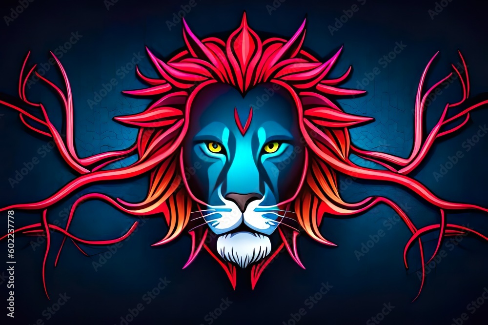 Kopf eines Löwen mit roter Mähne, modern, abstrakt, surreal