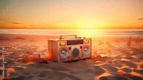 stereo on the beach sand at summer sunset, generative ai