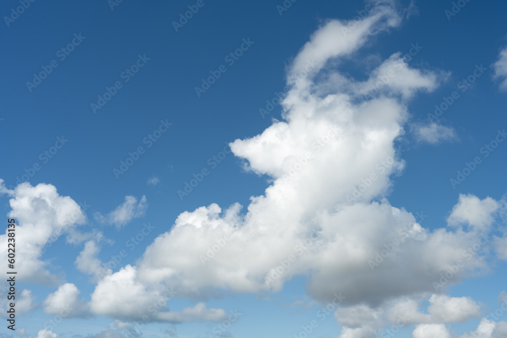 Obraz premium Daytime cloudscape of a white cloud in a blue sky shaped by the wind.