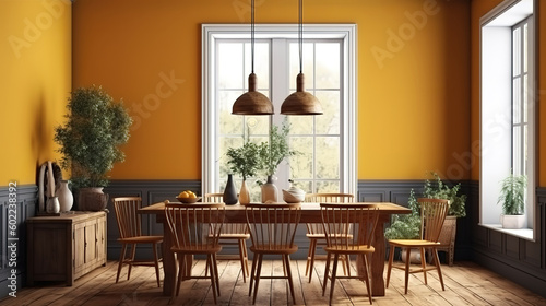 Loft authentic dining room interior design with a picture frame. Generative Ai