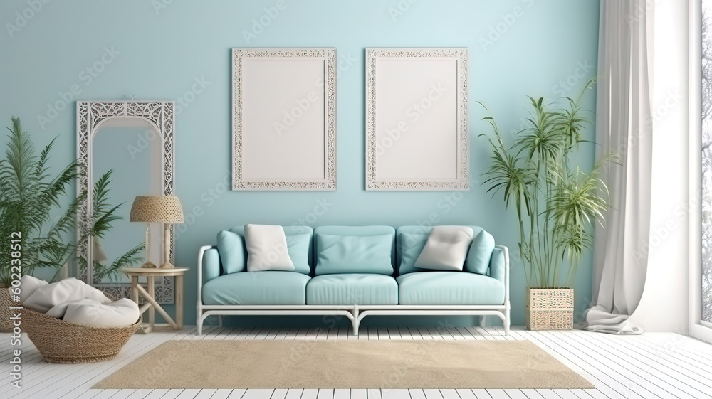 View of room decor made up of frame and plates with cups. Generative Ai View of room decor made up of frame and plates with cups. Generative Ai