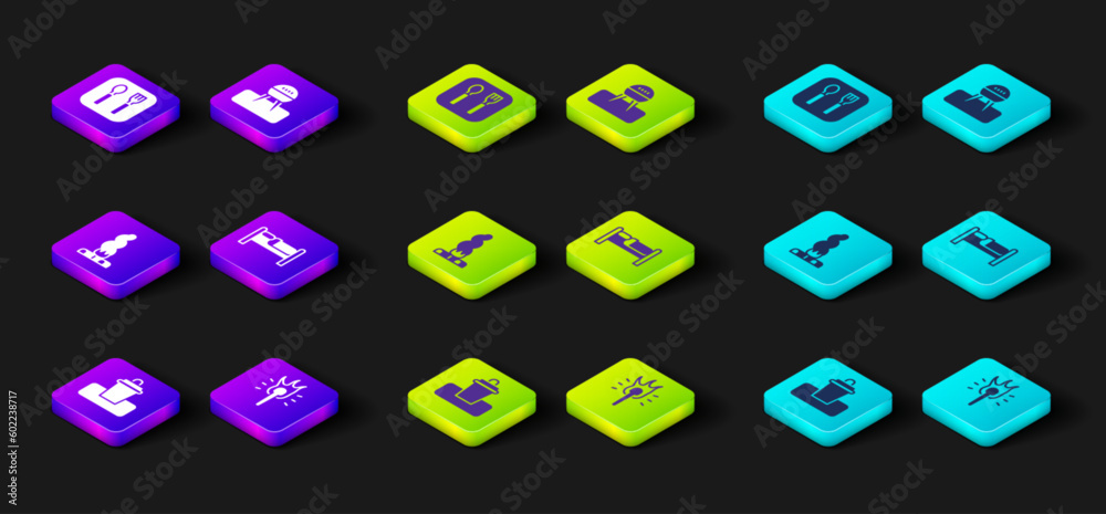 Set Trash can, Torch flame, Campfire, Bed, Barbecue grill and Fork and spoon icon. Vector Set Trash can, Torch flame, Campfire, Bed, Barbecue grill and Fork and spoon icon. Vector