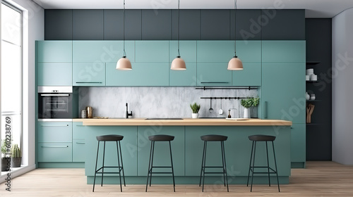 Mock up poster frames in kitchen interior  panoramic background  3d render. Generative Ai