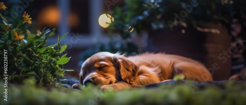 Adorable friendly dog peacefully sleeping under the stars at his home backyard garden on the lawn, quiet night of relaxing dreams and rest, closeup portrait bokeh blur - generative ai  © SoulMyst