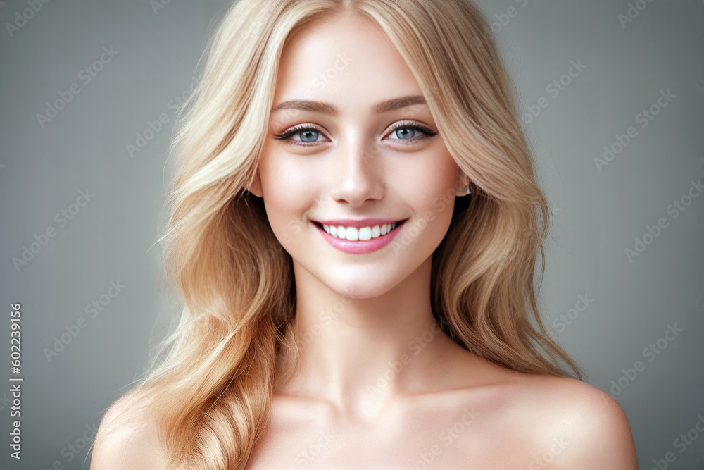 Beautiful woman blonde beauty close-up portrait on gray background. Generative AI Beautiful woman blonde beauty close-up portrait on gray background. Generative AI